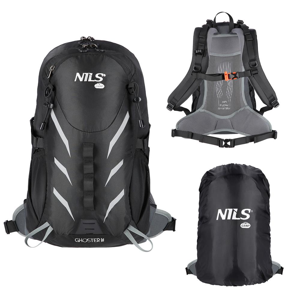 NILS CAMP Trekkingrucksack Ghoster 20L in Schwarz - Outdoor Rucksack mit Belüftung & Regenhülle
