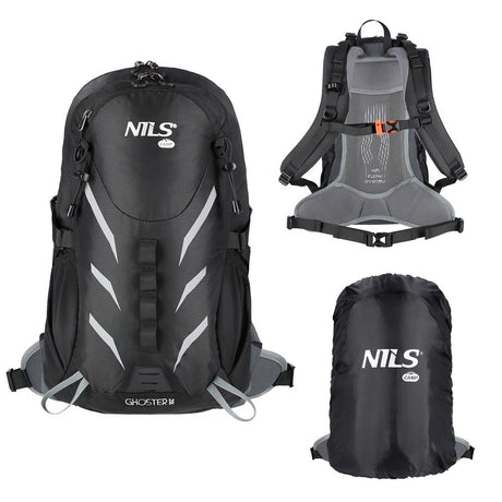 NILS CAMP Trekkingrucksack Ghoster 20L in Schwarz - Outdoor Rucksack mit Belüftung & Regenhülle