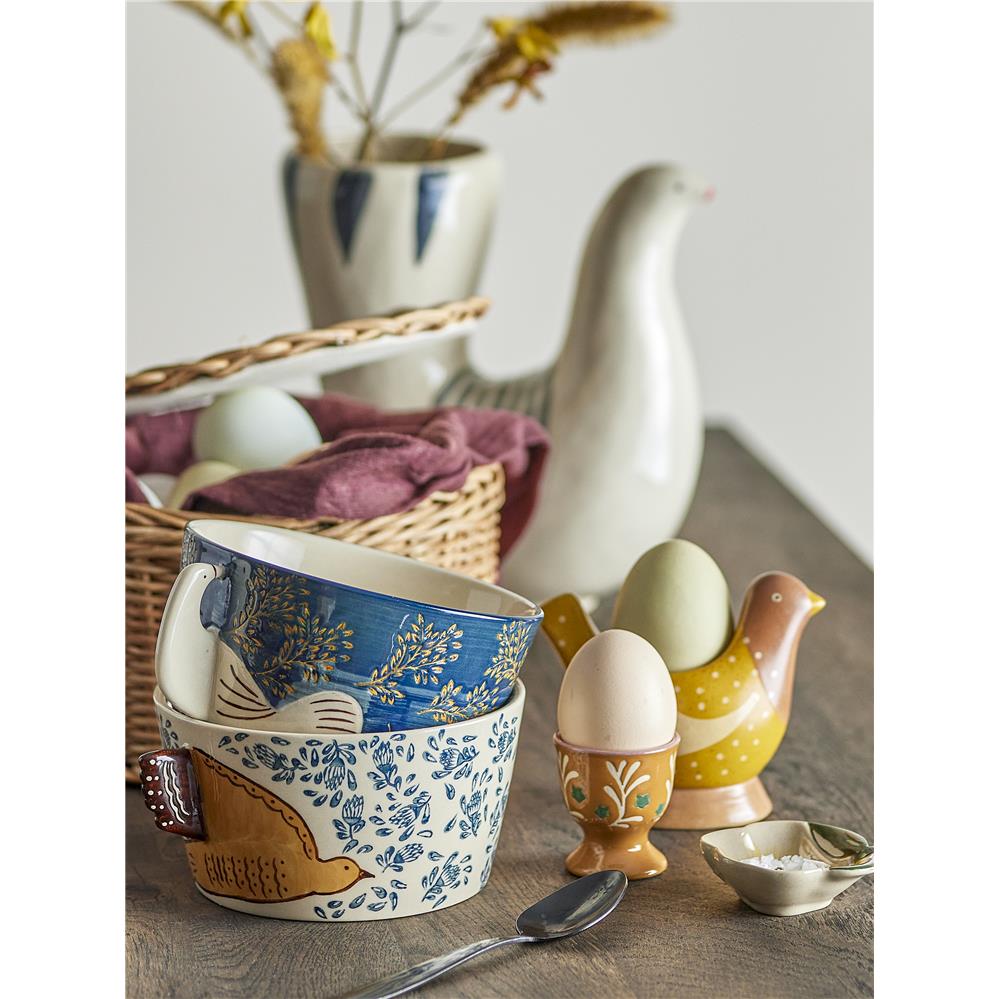 Bloomingville Hezha Schüssel in Blau, 460ml, aus Steingut mit Vogelmotiv