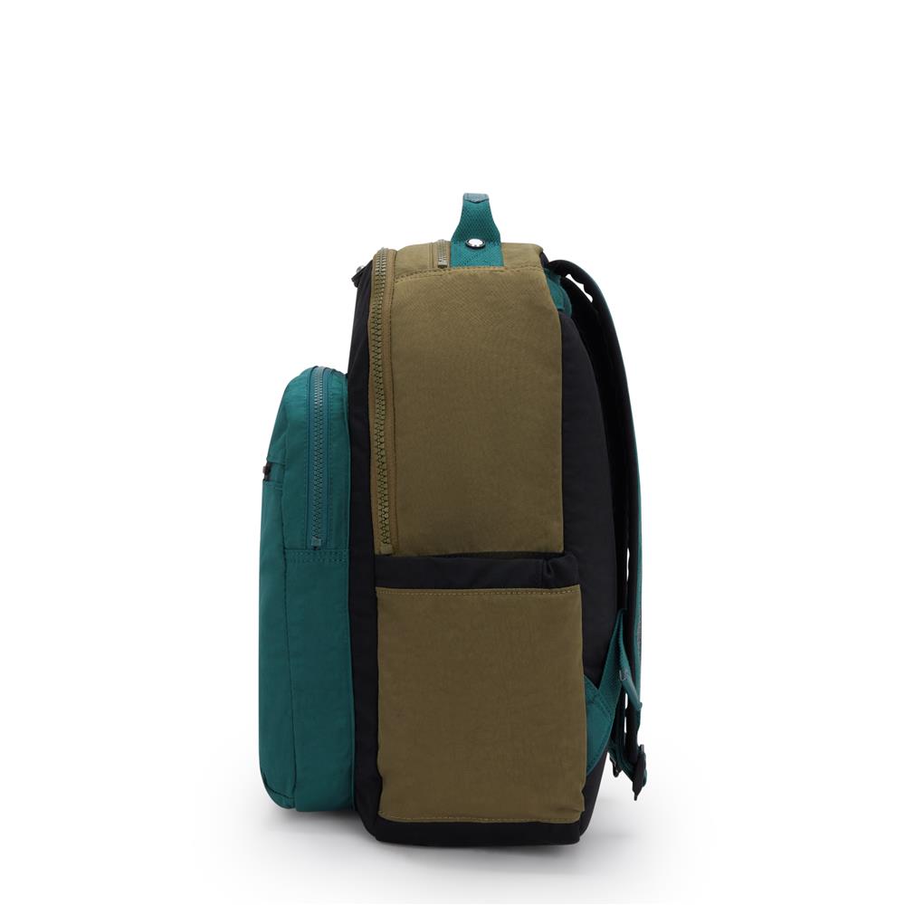 Kipling SEOUL L, Großer Schulrucksack mit 15-Zoll-Laptopfach, 27L, Black Khaki Block (grün)