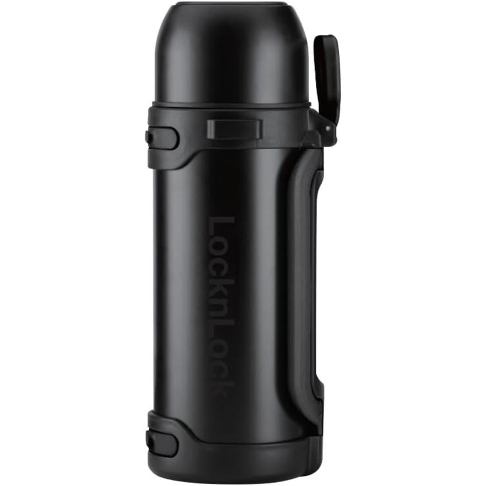 LocknLock Thermoskanne 1,8 L Schwarz, Becher, Edelstahl, Tragegurt, Auslaufsicher