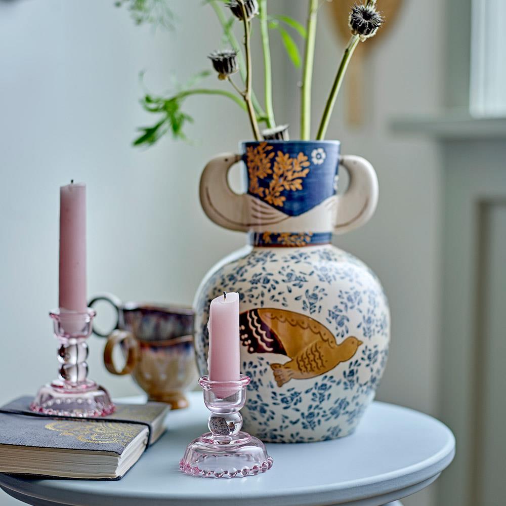 Bloomingville Hezha Vase Blau – Handdekorierte Steingutvase mit Vogelmotiv