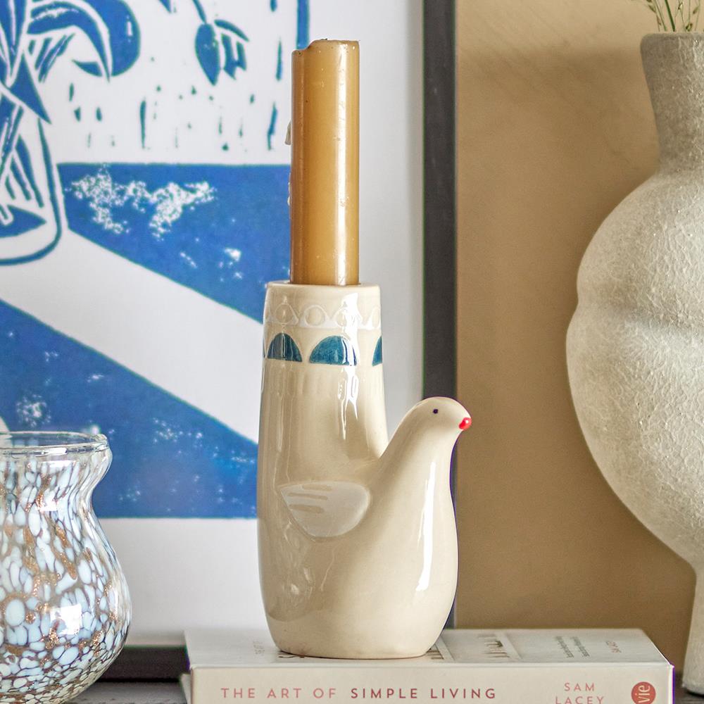 Bloomingville Trudy Kerzenhalter, Vogel, in Weiß, aus Steingut, Kerzenständer, im dänischen Design