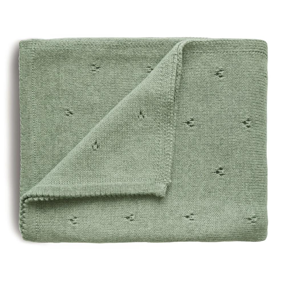 Mushie Gestrickte Babydecke Pointelle, Sage Melange, aus 100% Bio-Baumwolle