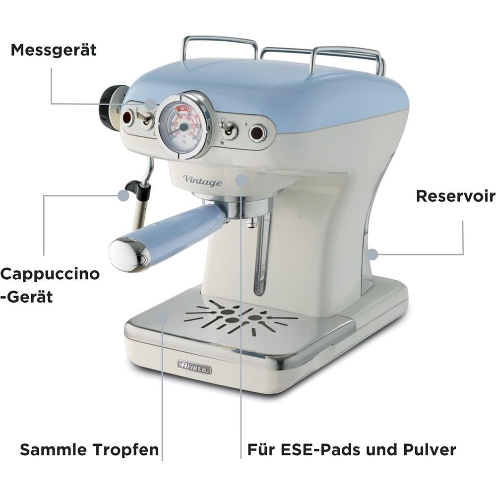 Ariete Vintage Espressomaschine, Blau, Siebträger Kaffeemaschine, 15 Bar