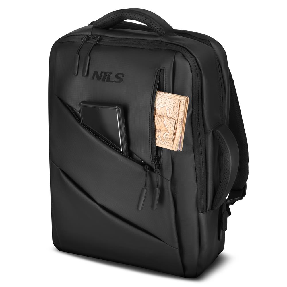 NILS Laptop Rucksack 15L Schwarz - mit USB- und USB-C-Anschlüssen Arbeit Schule Uni Reisen