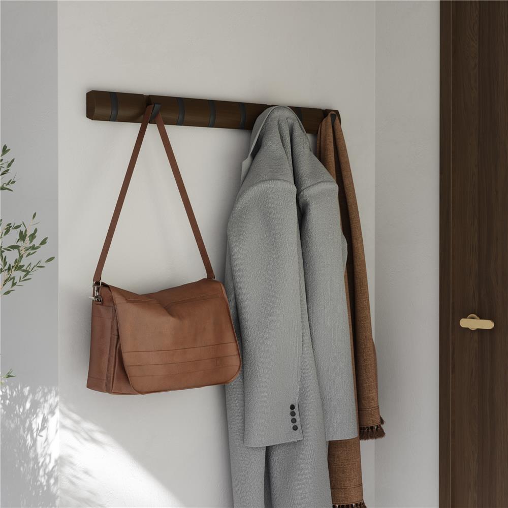 Umbra Flip Wandgarderobe, Garderobenleiste in Walnuss, mit 8 beweglichen Haken in Schwarz