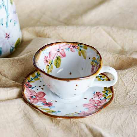Bloomingville Savina Tasse 4er Set 219 ml bunt - Steingut Tassen mit Untertasse Blumenmuster