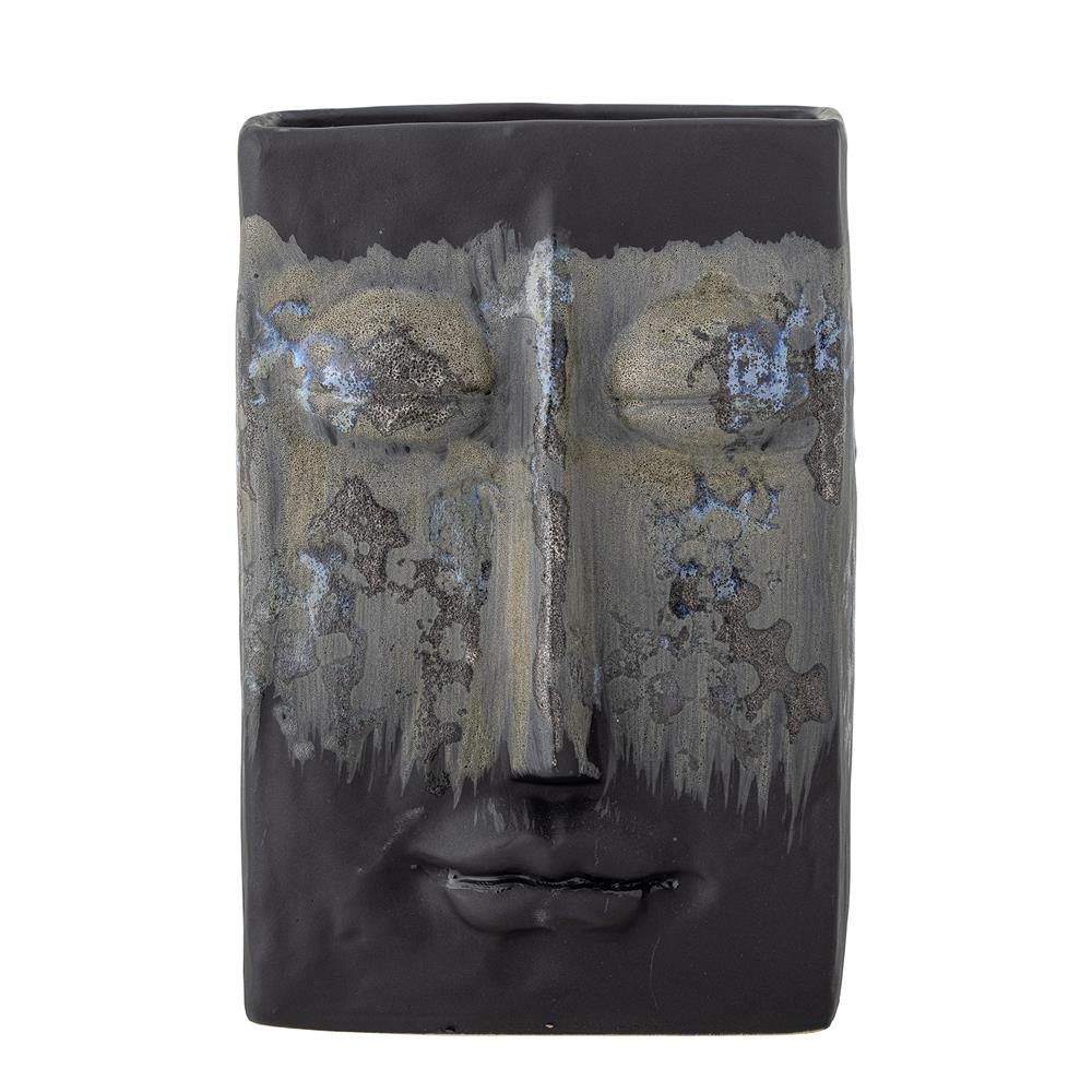 Bloomingville Nasru Vase – Schwarzes Steingut mit Gesichtsform, L15×H22×W10,5 cm