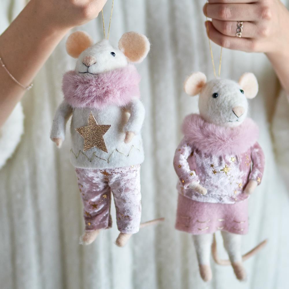 Bloomingville Peo Mäuse Anhänger, Rosa, Wollfiguren groß 2er Set Weihnachtsdeko