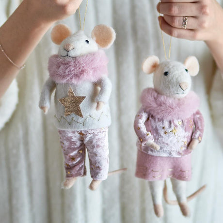 Bloomingville Peo Mäuse Anhänger, Rosa, Wollfiguren groß 2er Set Weihnachtsdeko
