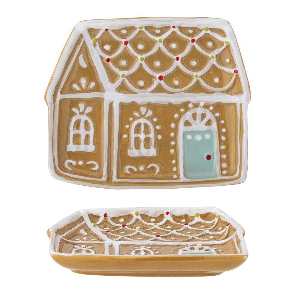 Bloomingville Ginnie Servierplatte Lebkuchenhaus, Braun, Keramik, Weihnachtsteller