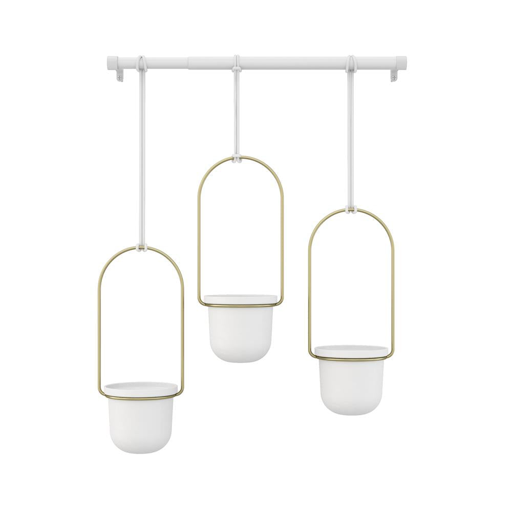Umbra Triflora Vase Hängeblumentopf Wandvase Blumenampel für Wand und Decke 3er-Set Weiß/Messing