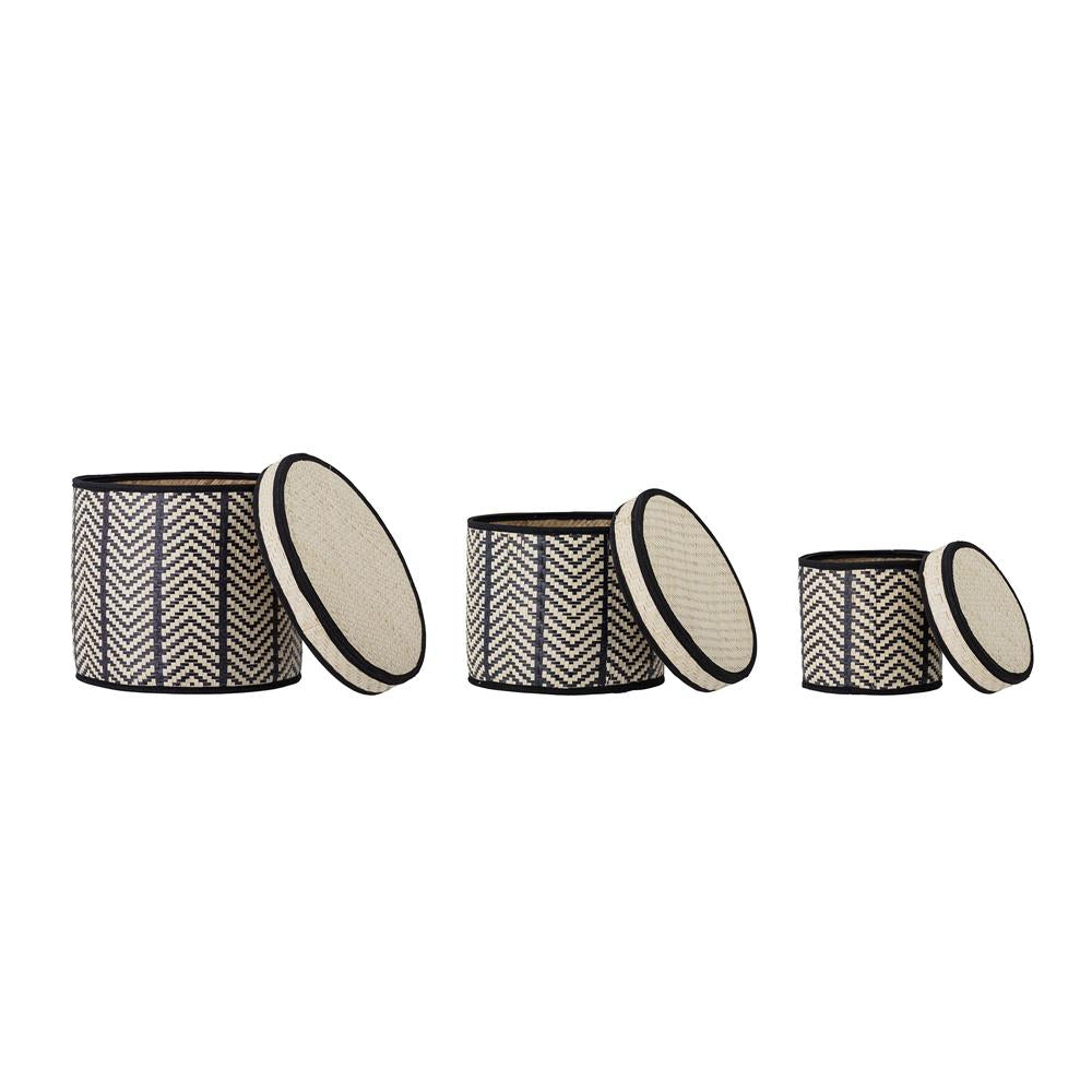 Bloomingville Islim Korb mit Deckel 3er Set Schwarz Palmblatt 30 x 25 cm