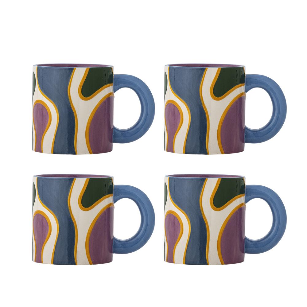 Bloomingville Salacia Tasse 4er Set 260 ml D8 cm bunt - Steingut Tassen mit Wellenmuster für Küche