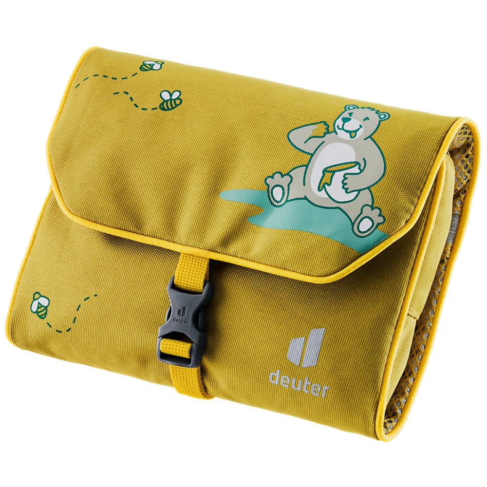 deuter Wash Bag Kids turmeric Kulturbeutel in Gelb mit Bären-Motiv und Aufhängehaken