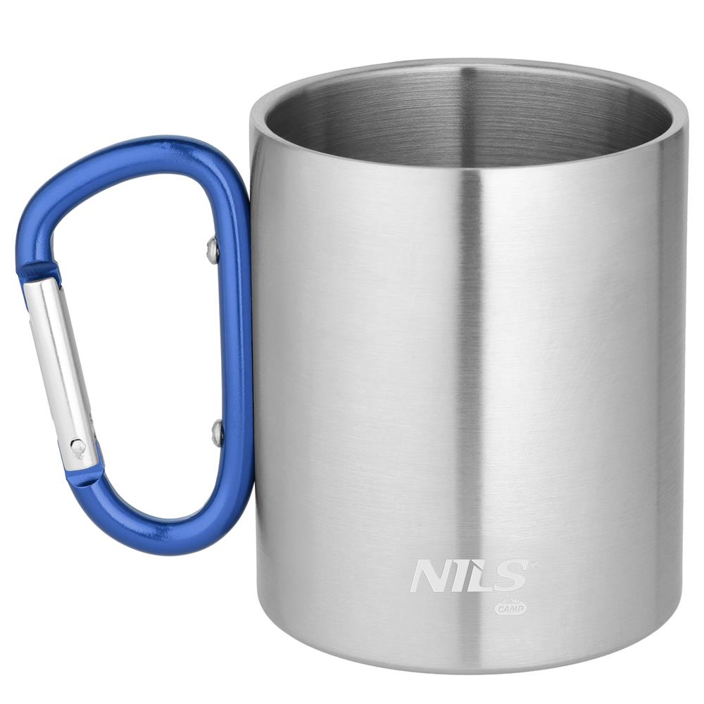 NILS CAMP Campingbecher Edelstahl 300 ml Blau - doppelwandiger Outdoor Becher mit Karabiner für Camping