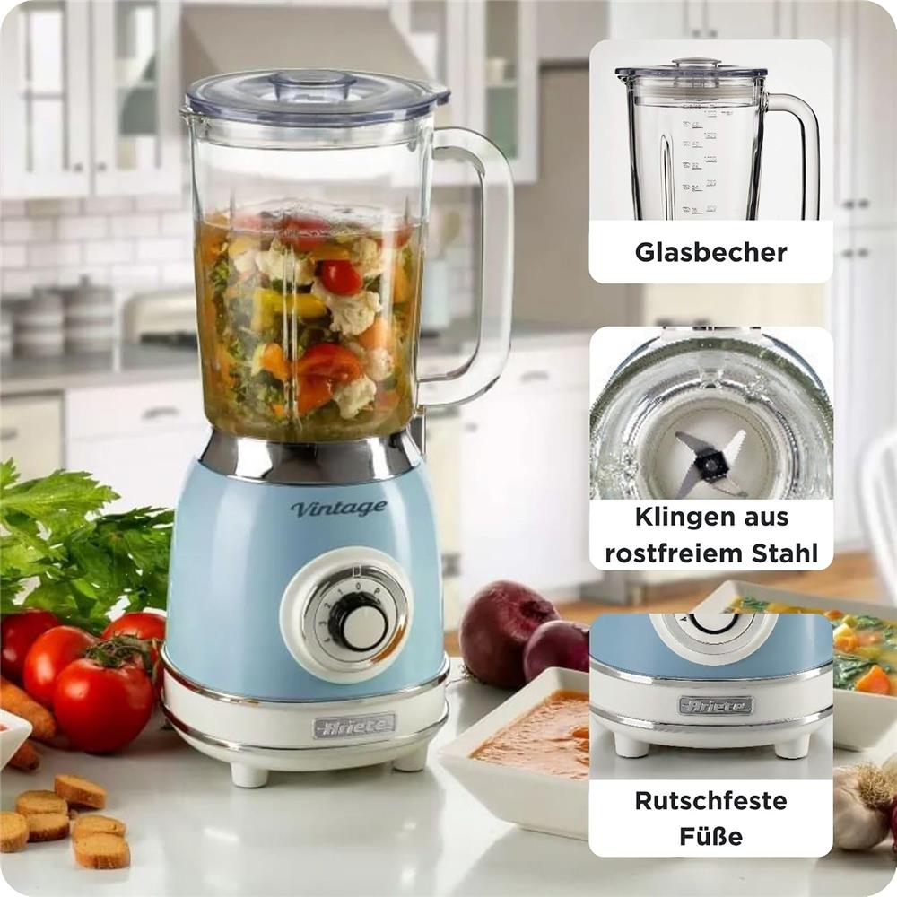 Ariete Vintage Standmixer, Blau, Glasbehälter 1,5L, Smoothie Maker, 1000W