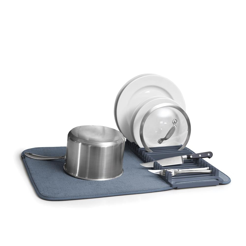 Umbra Udry Geschirr Abtropfgestell und Mikrofaser Abtropfmatte, Faltbar, Platzsparend, 61 x 45 cm, in Denim