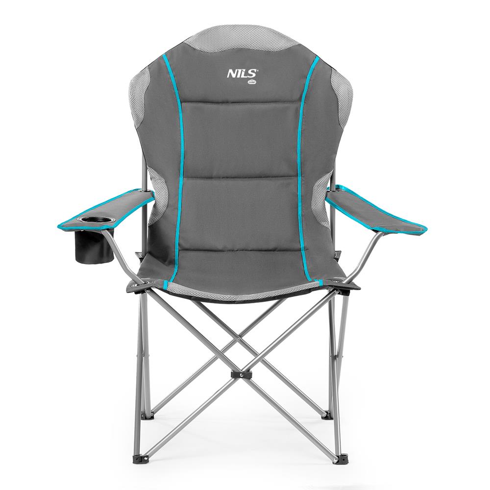 NILS CAMP Campingstuhl Hellgrau-Blau - großer gepolsterter Klappstuhl mit Armlehnen für Camping & Garten