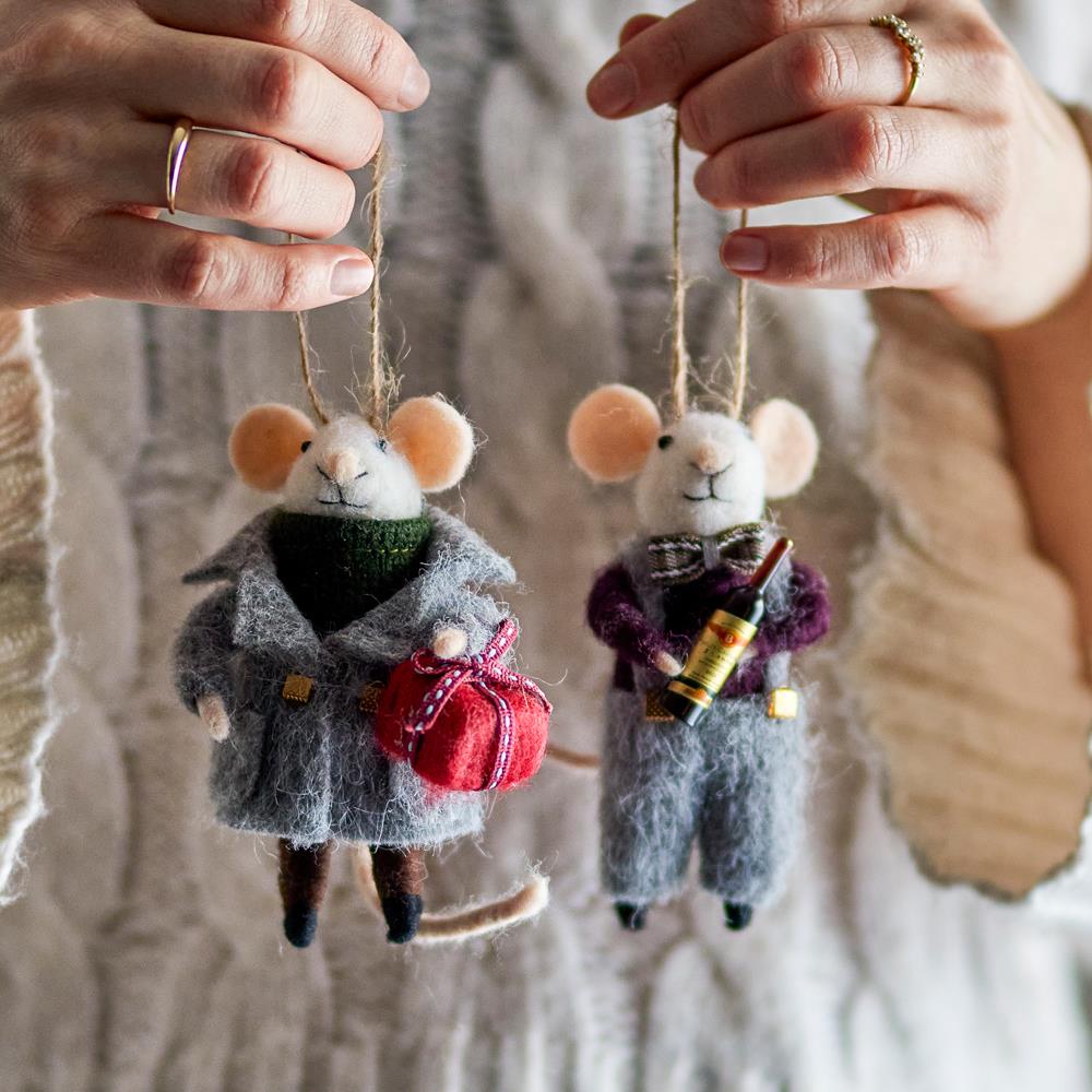 Bloomingville Peo Weihnachtsanhänger Grau Wolle 2er Set Mäuse Christbaumschmuck