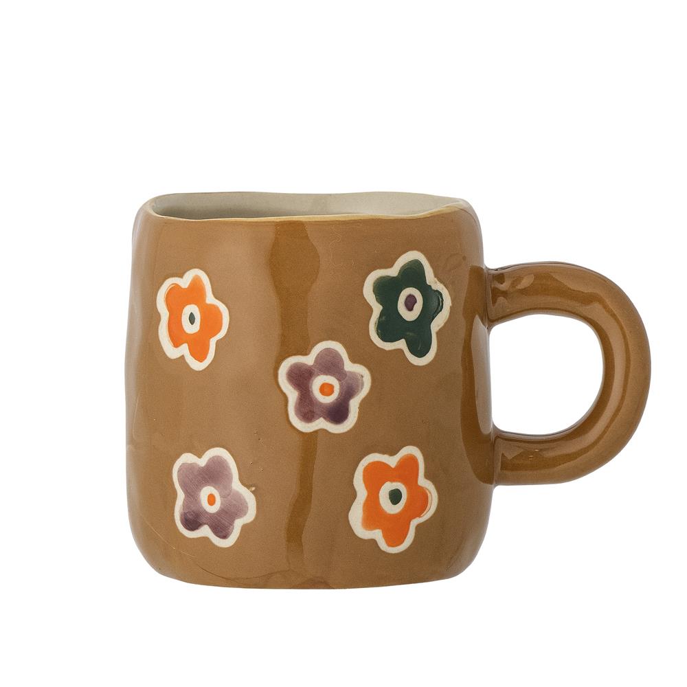 Bloomingville MINI Addy Tasse, Braun mit bunten Blumen, Steingut, Kindertasse, dänisches Design