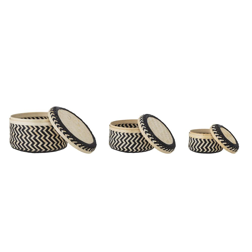 Bloomingville Jacob Korb mit Deckel 3er Set Schwarz Bambus Aufbewahrungskörbe