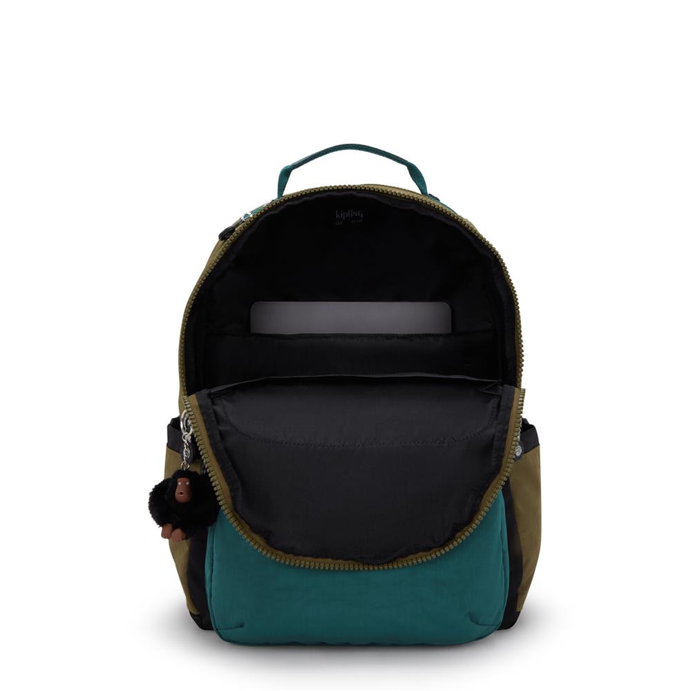Kipling SEOUL L, Großer Schulrucksack mit 15-Zoll-Laptopfach, 27L, Black Khaki Block (grün)