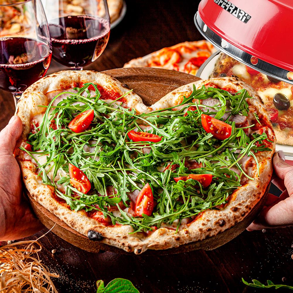 G3Ferrari elektrischer Pizzaofen Delizia 1200 W für Pizza Ø 31cm rot Pizzamaker mit feuerfestem Naturstein