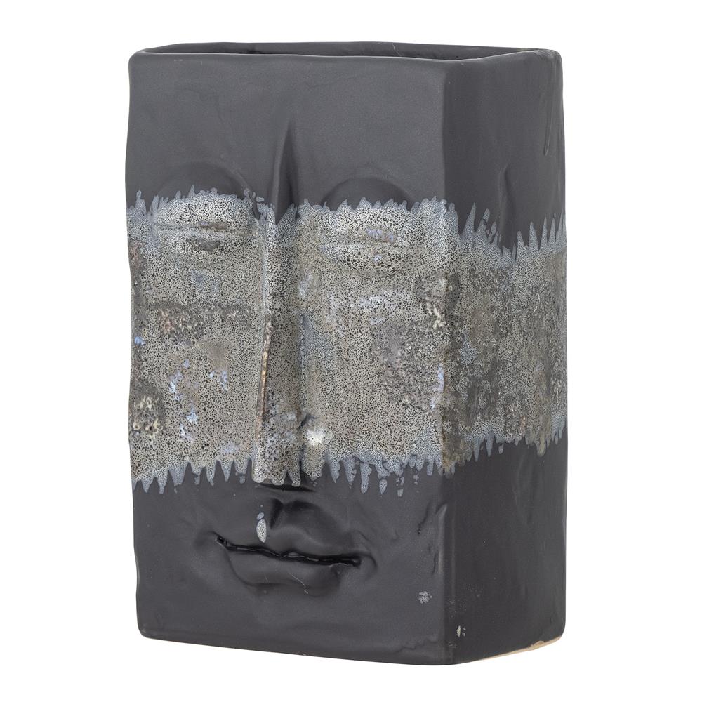 Bloomingville Nasru Vase – Schwarzes Steingut mit Gesichtsform, L15×H22×W10,5 cm