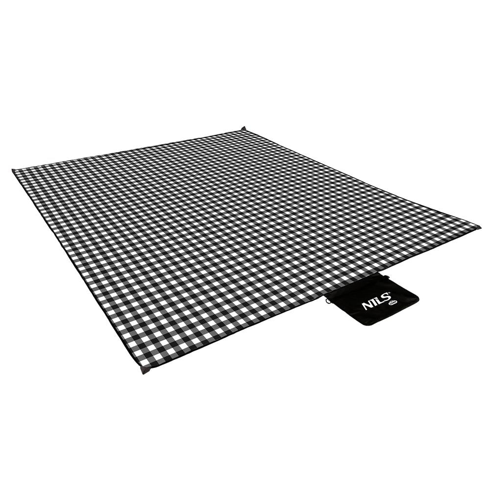 NILS CAMP Picknickdecke Schwarz/Weiß karriert 300x200 cm - große Outdoor Decke für Strand, Garten & Camping