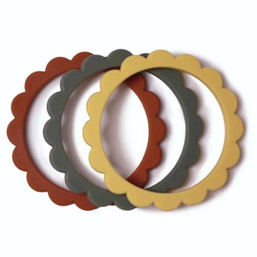 Mushie Beißring Blumen 3er Set, Sunshine/Dried Thyme/Clay, Armband aus Silikon, BPA-frei