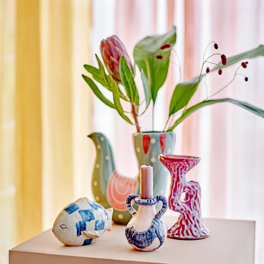 Bloomingville Trudy Vase Grün Steingut L19xH19xW7,5 cm – handbemalte Vogelvase