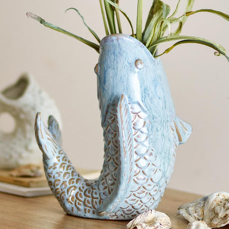 Bloomingville Hiro Vase Blau Steingut Fischform Landhausstil 21cm
