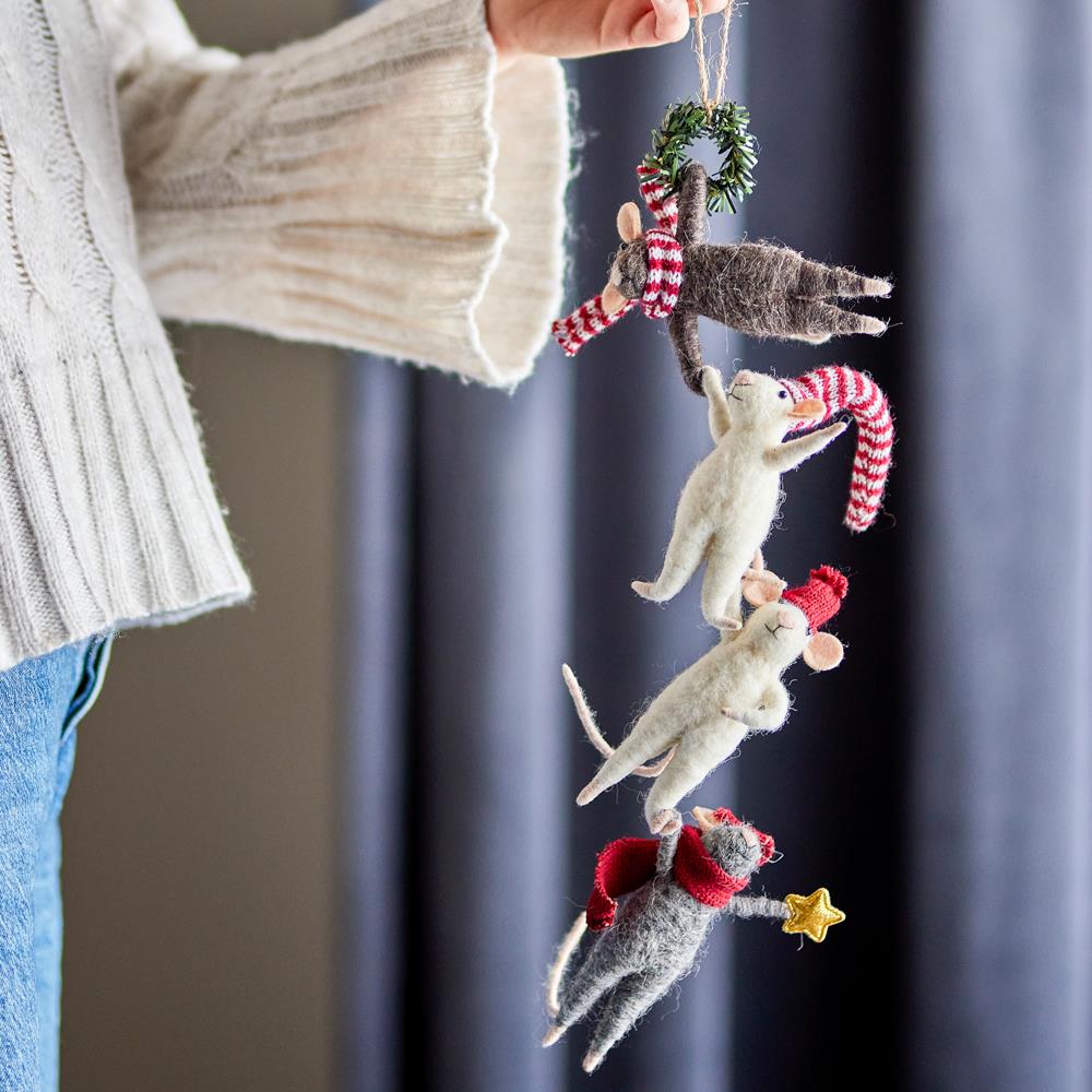 Bloomingville Peo Weihnachtsanhänger Weiß Wolle Mäuse Deko zum Aufhängen