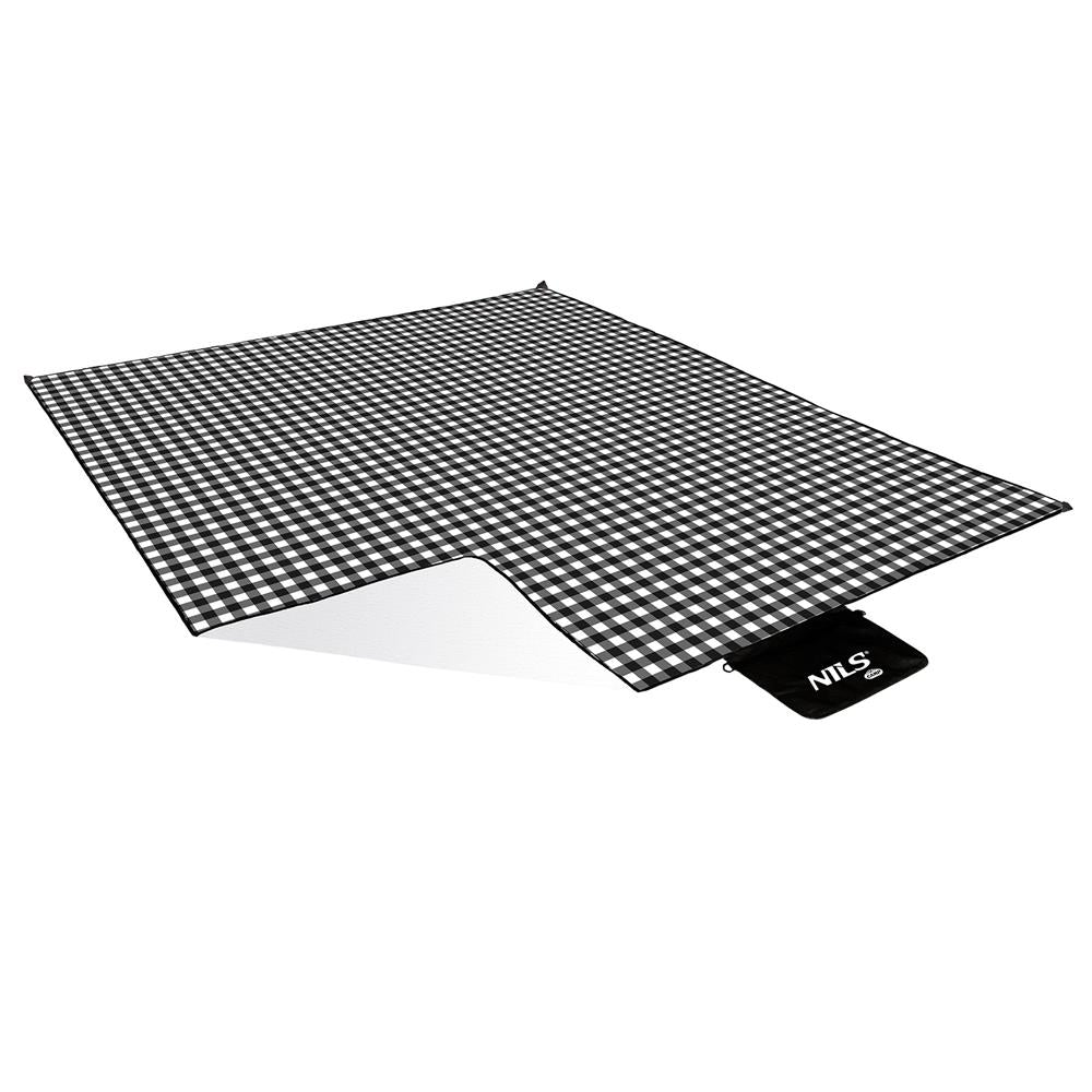 NILS CAMP Picknickdecke Schwarz/Weiß karriert 200x200 cm - große Outdoor Decke für Strand, Garten & Camping