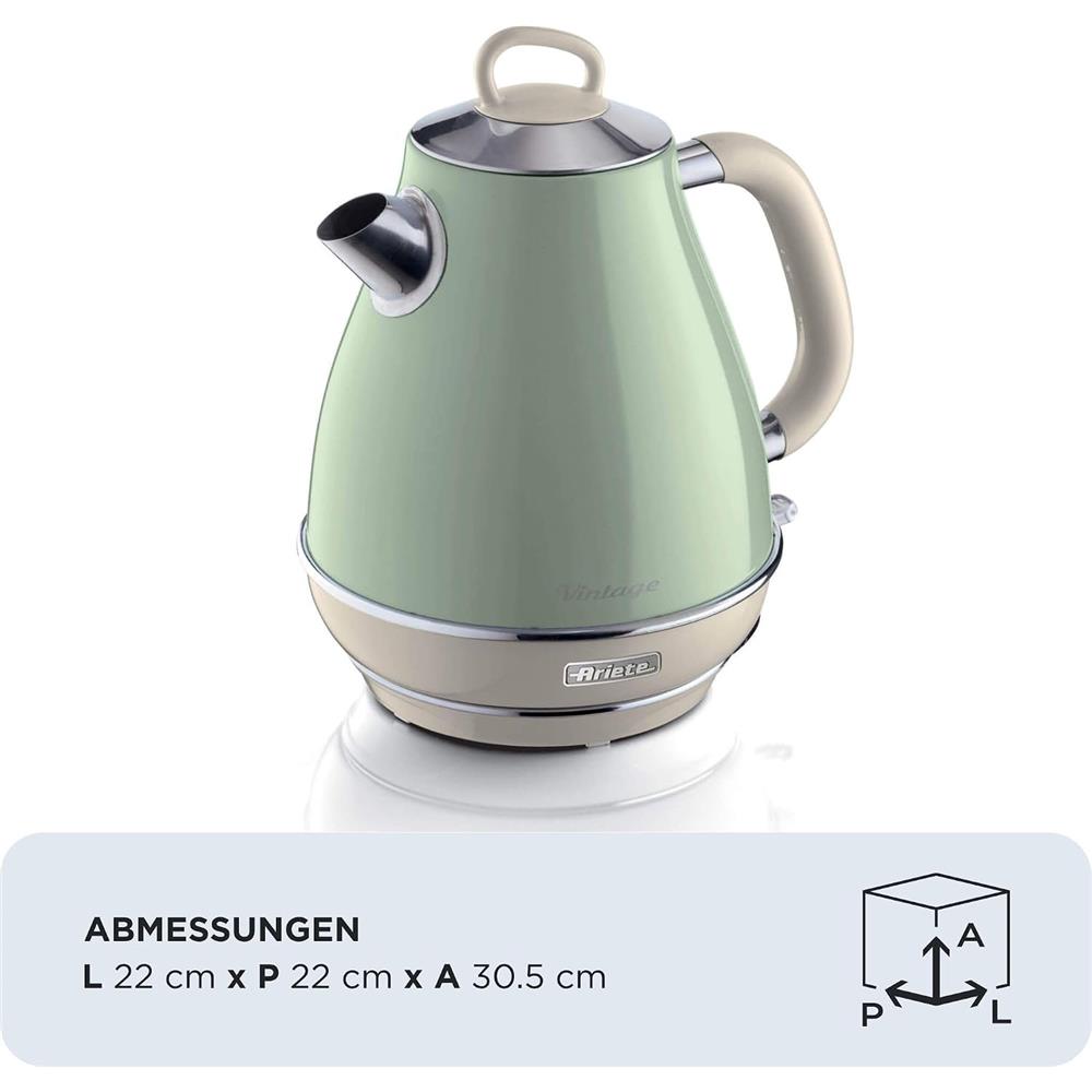 Ariete Vintage Wasserkocher, Grün, 1,7L Edelstahlkessel, 2000W, Elegantes Retro-Design
