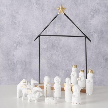 BOLTZE Krippe Natos – 12-teiliges Set aus MDF, Kunstharz & Eisen, Schwarz-Weiß, 32 cm hoch