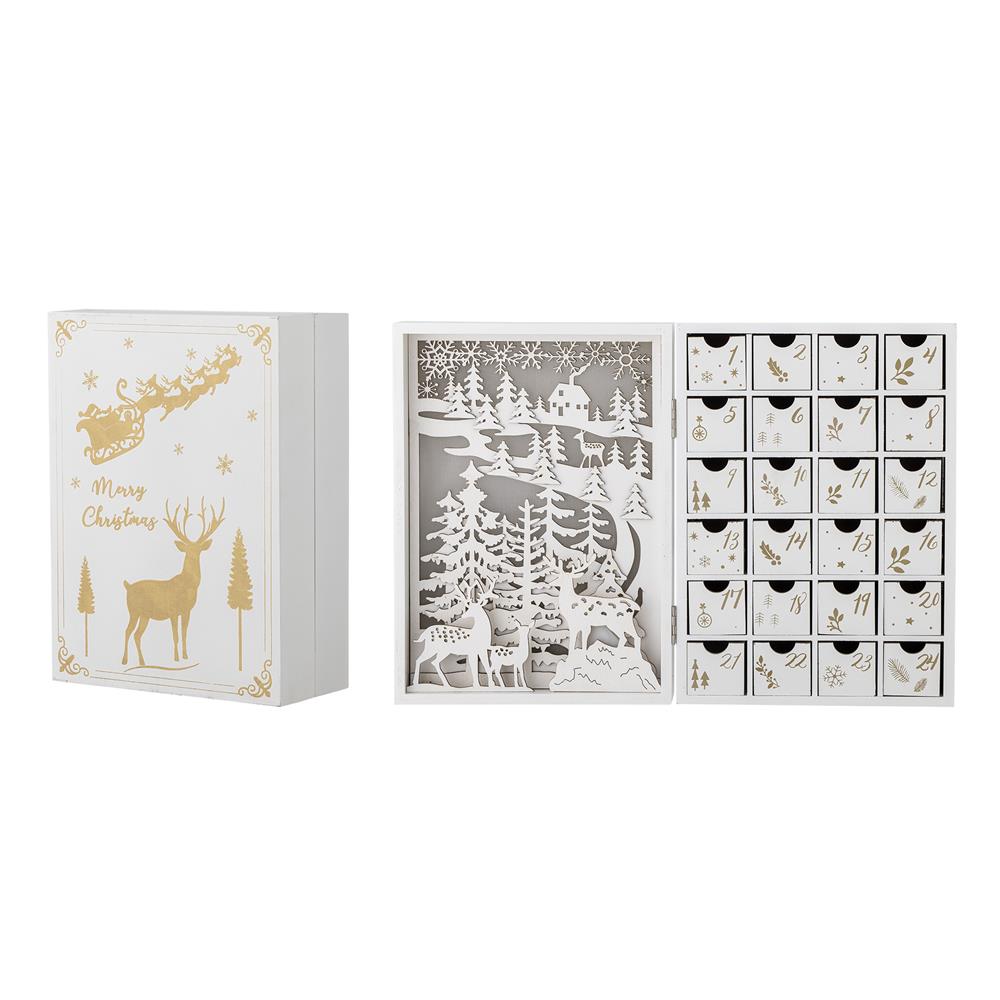 Bloomingville Elimar Adventskalender mit Licht, Weiß, Holzkalender 24 Schubladen