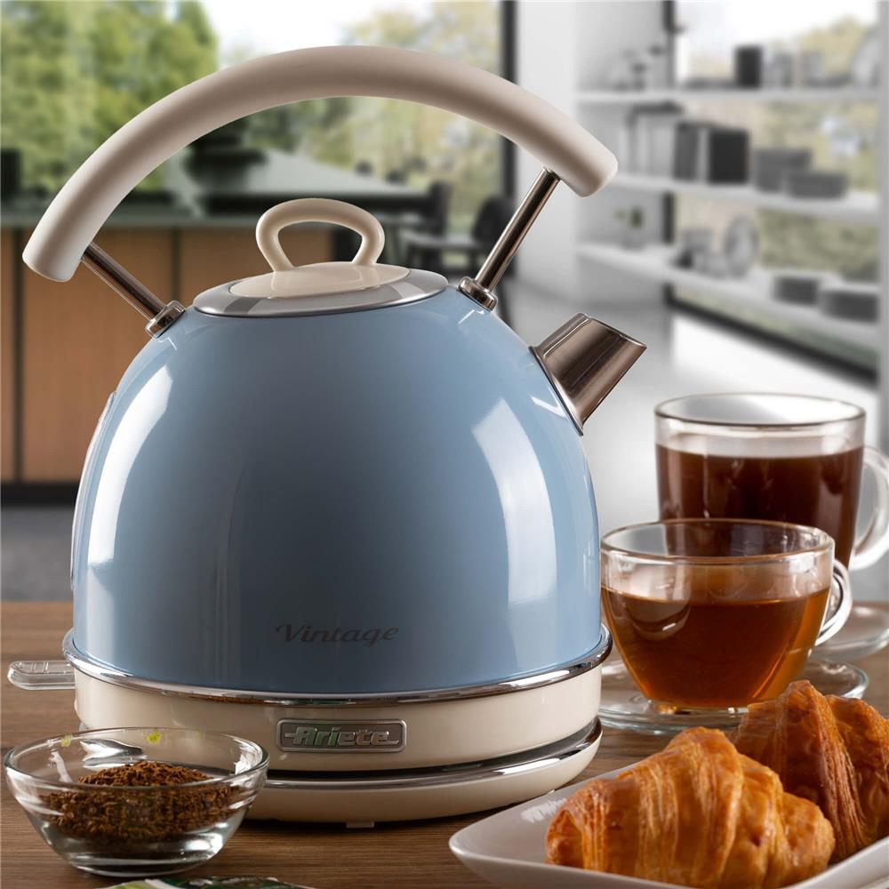 Ariete Vintage Wasserkocher, Blau, 1,7L, Edelstahlgehäuse, 2000W, Elegantes Retro-Design