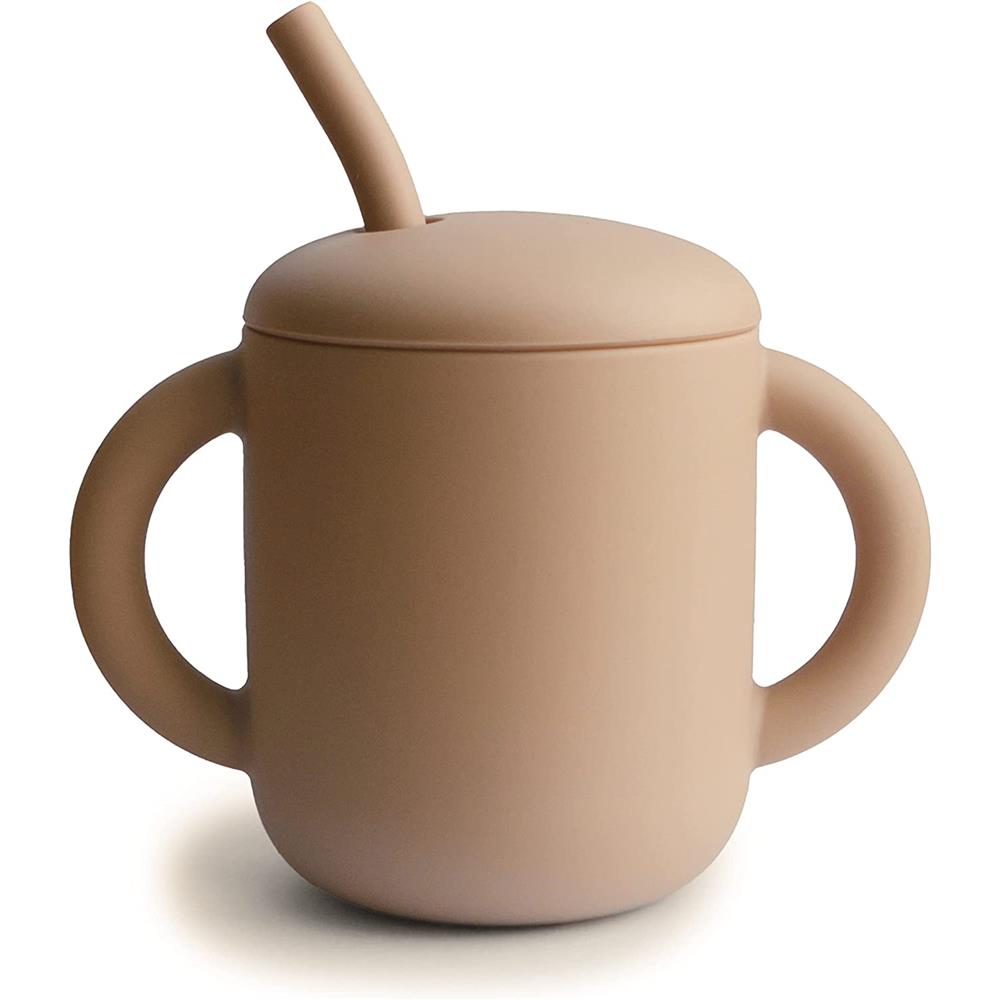 Mushie Silikon-Trinklernbecher mit Strohhalm, Natural, BPA-frei