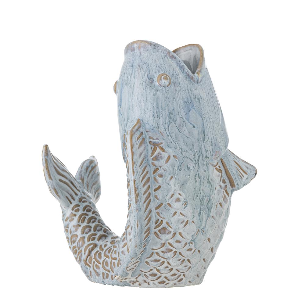 Bloomingville Hiro Vase Blau Steingut Fischform Landhausstil 21cm