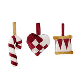 Bloomingville Velua Weihnachtsanhänger, Rot, 3er Set Zuckerstange Herz Trommel