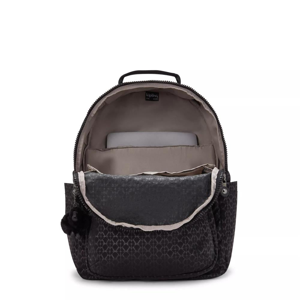 Kipling SEOUL L, Großer Schulrucksack mit 15-Zoll-Laptopfach, 27L, Signature Emb (schwarz)