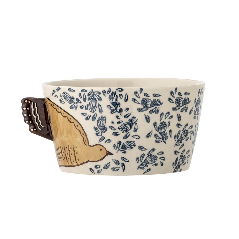 Bloomingville Hezha Schüssel in Natur/Blau, 460ml, aus Steingut mit Vogelmotiv