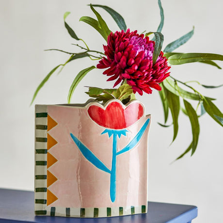 Bloomingville Vinia Vase bunt - Steingut Vase handbemalt mit Blumenmotiv für Wohnzimmer & Deko