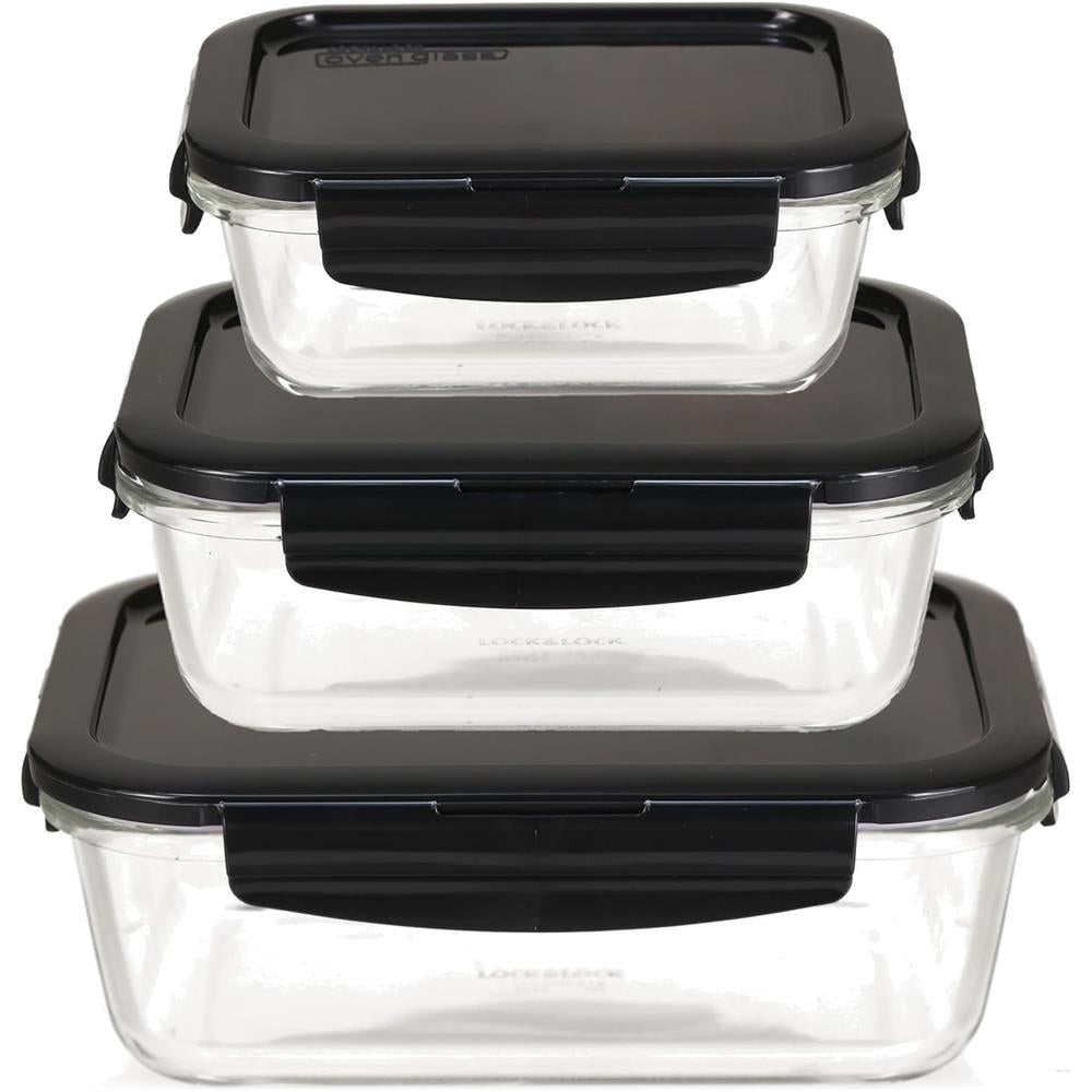 LocknLock Glas Frischhaltedosen 3er Set 160 ml, 380 ml und 630 ml - Ofenform mit Deckel, mikrowellengeeignet, auslaufsicher
