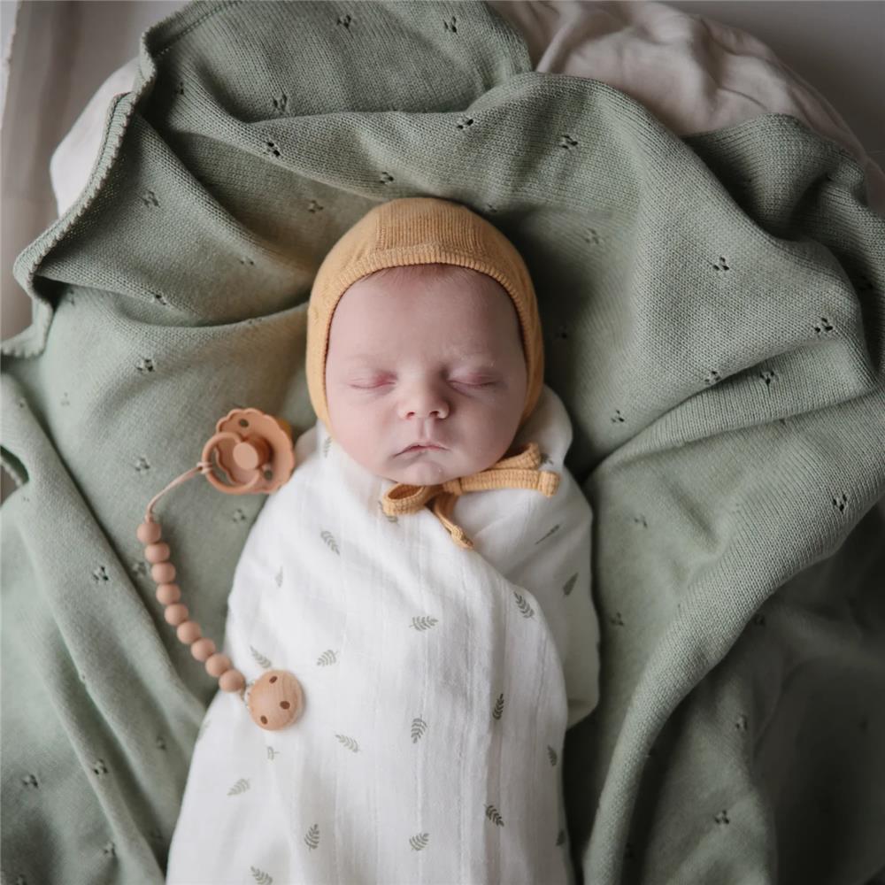 Mushie Gestrickte Babydecke Pointelle, Sage Melange, aus 100% Bio-Baumwolle