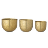 Bloomingville Bati Blumentopf, 3er Set, aus Eisen in goldener Messingfarbe mit geprägten Blattmuster