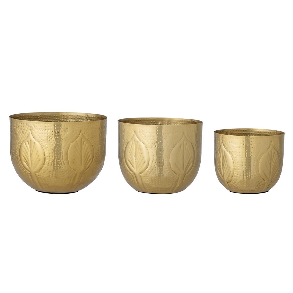 Bloomingville Bati Blumentopf, 3er Set, aus Eisen in goldener Messingfarbe mit geprägten Blattmuster